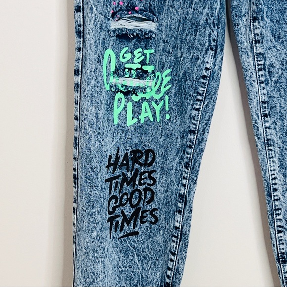Shevadne Acid Washed Denim Jeans Graffiti Elastic Hi Rise 80's Style Womens L - Picture 3 of 14